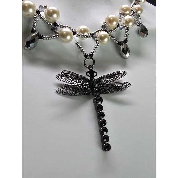 Handcrafted .925 Sterling Silver Glass Pearl Monochrome Dragonfly Pendant Unique - Picture 5 of 11